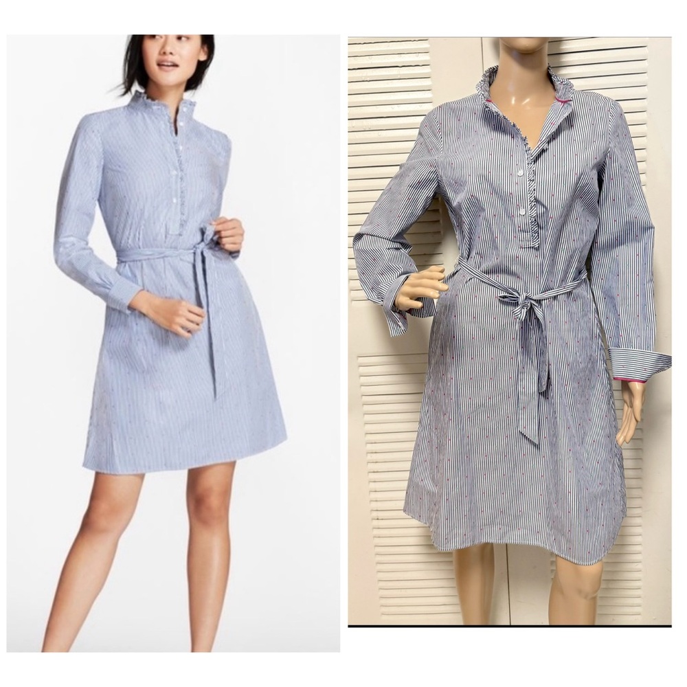 BROOKS‎ BROTHER- Ruffle Collar Polka Dot Dobby Stripped Shirt Dress Sz 8